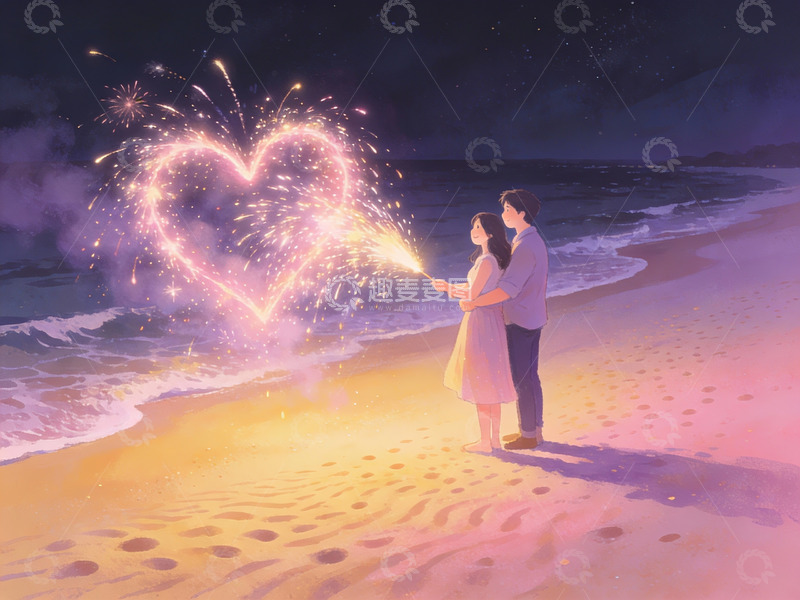 高清大图下载【趣麦麦图】情侣海滩烟花心形