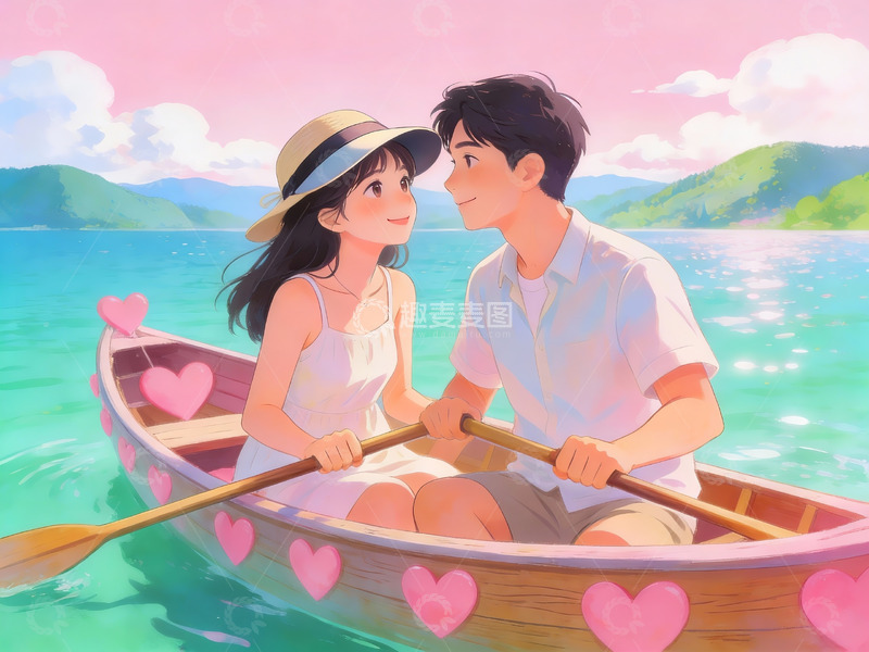 高清大图下载【趣麦麦图】情侣划船湖上浪漫场景