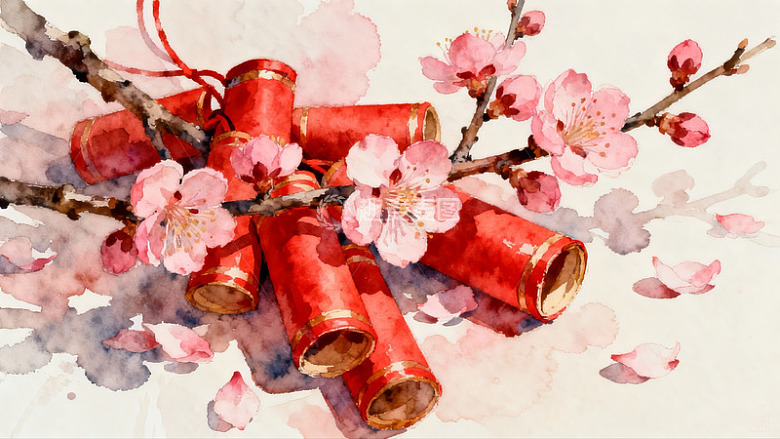 水彩画中的红鞭炮与桃花