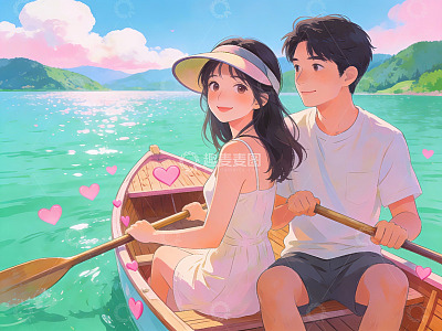 情侣划船湖上浪漫时光