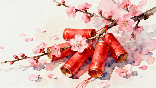 水彩画中的梅花与鞭炮