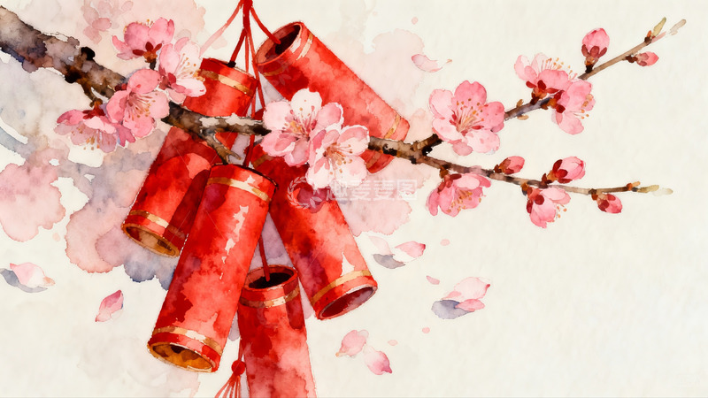 高清大图下载【趣麦麦图】水彩画中的红灯笼与桃花
