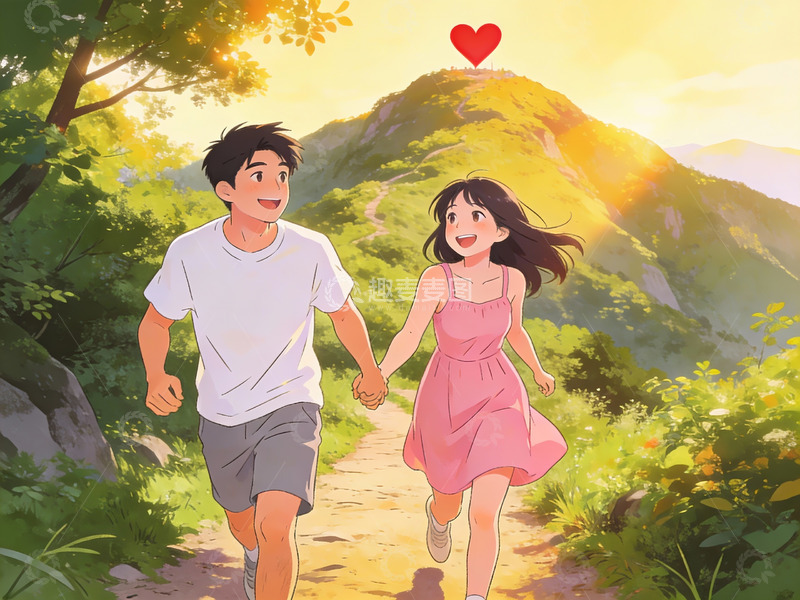 高清大图下载【趣麦麦图】情侣在山间小径奔跑