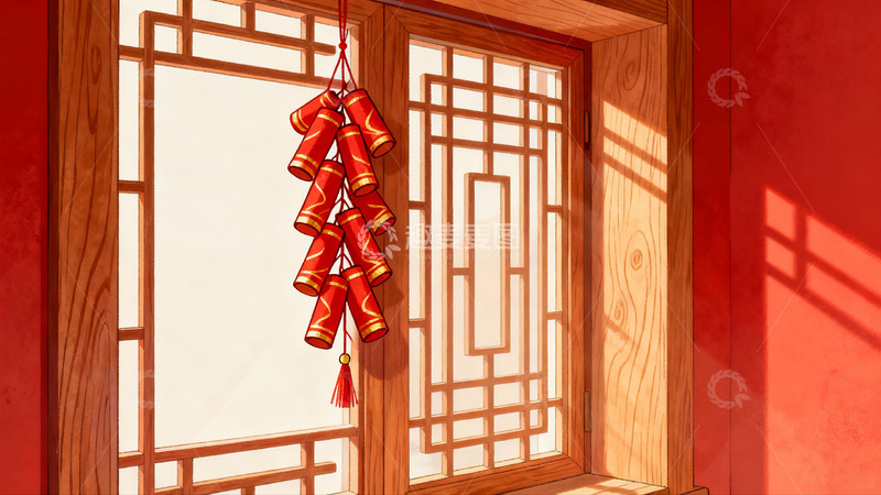 高清大图下载【趣麦麦图】中式门窗挂红鞭炮