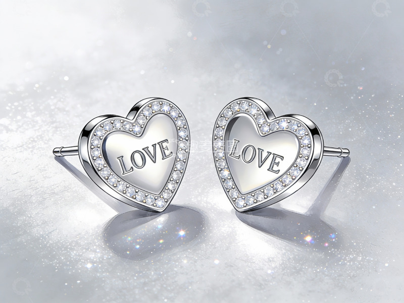 高清大图下载【趣麦麦图】心形镶钻耳钉，刻有LOVE字样