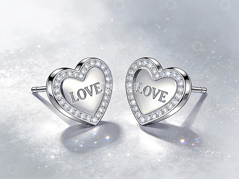 心形镶钻耳钉，刻有LOVE字样