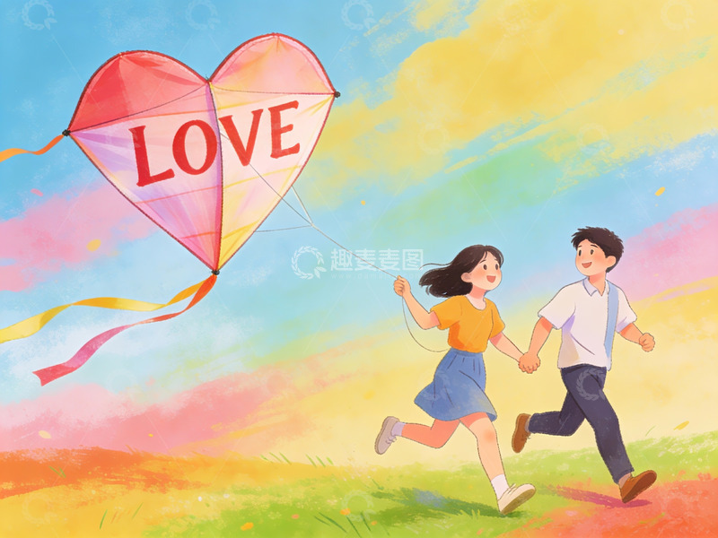 高清大图下载【趣麦麦图】情侣放飞爱心风筝