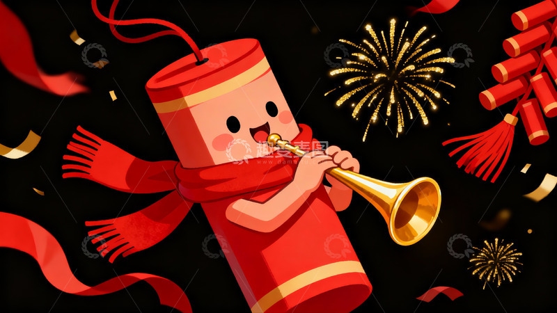 高清大图下载【趣麦麦图】卡通烟花吹号庆祝节日