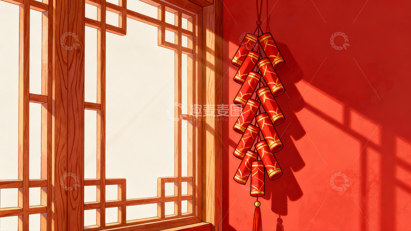 高清大图下载【趣麦麦图】红墙窗边挂鞭炮