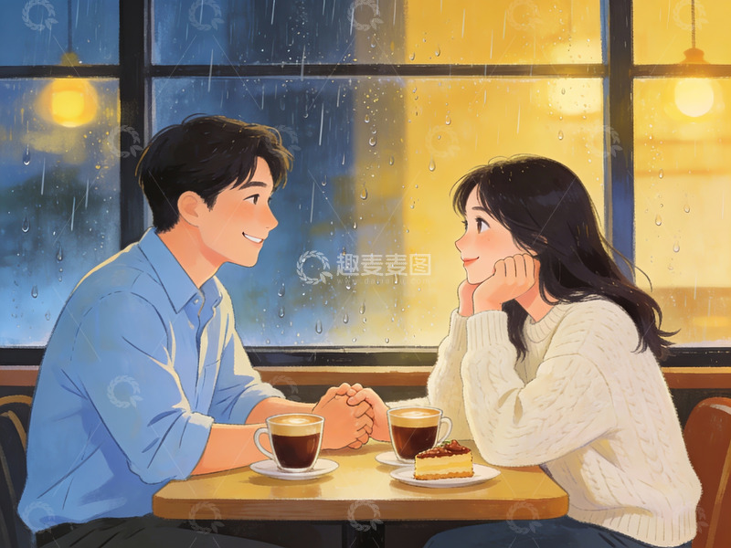 高清大图下载【趣麦麦图】情侣在雨天咖啡馆交谈