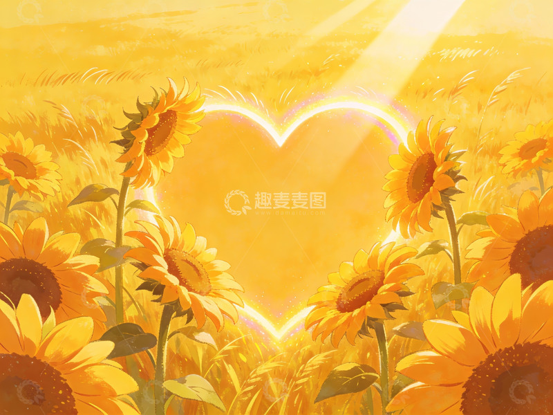 高清大图下载【趣麦麦图】向日葵花田中的心形光晕