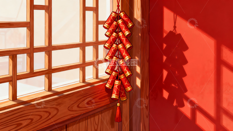 高清大图下载【趣麦麦图】窗边悬挂的红色鞭炮