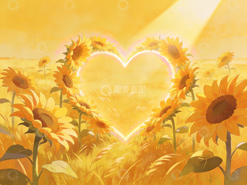 高清大图下载【趣麦麦图】向日葵花田中的心形光晕