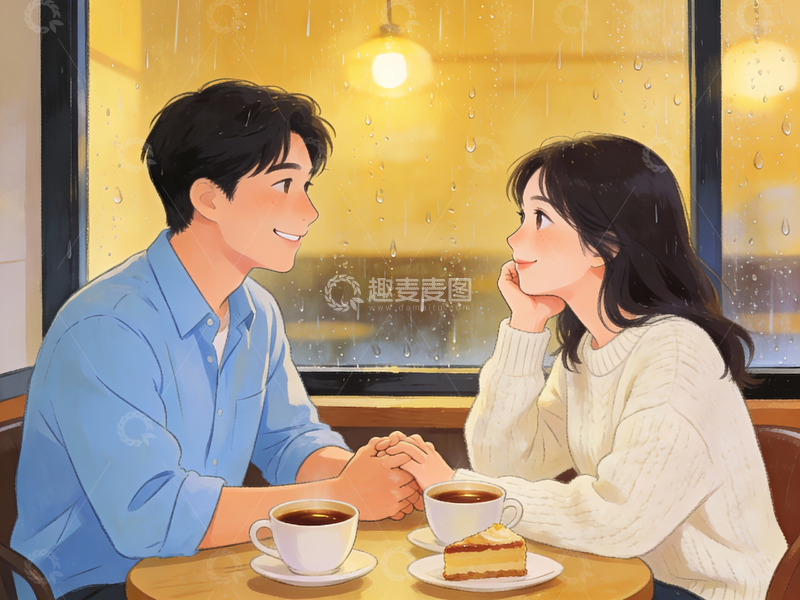 高清大图下载【趣麦麦图】雨中咖啡馆情侣对视