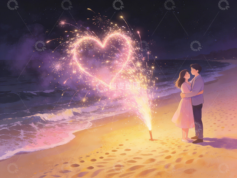 高清大图下载【趣麦麦图】情侣海滩烟花心形