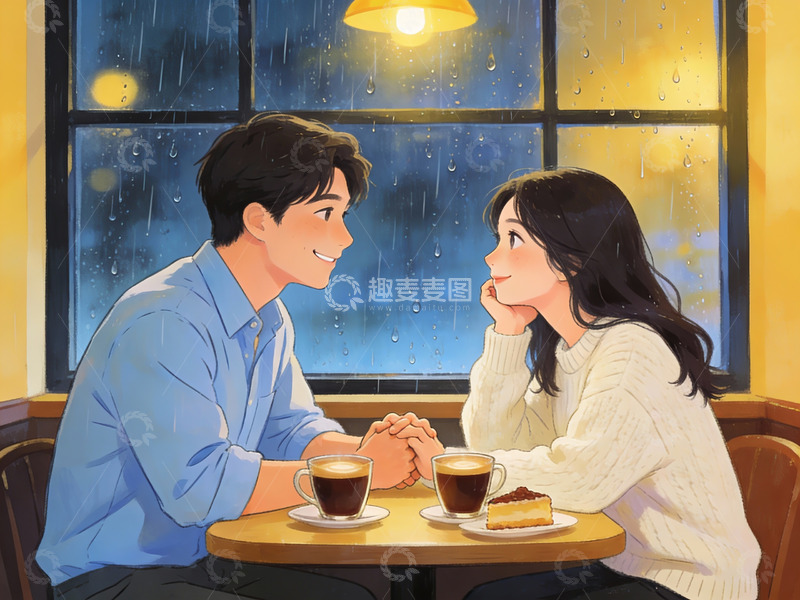 高清大图下载【趣麦麦图】雨夜咖啡馆情侣对坐