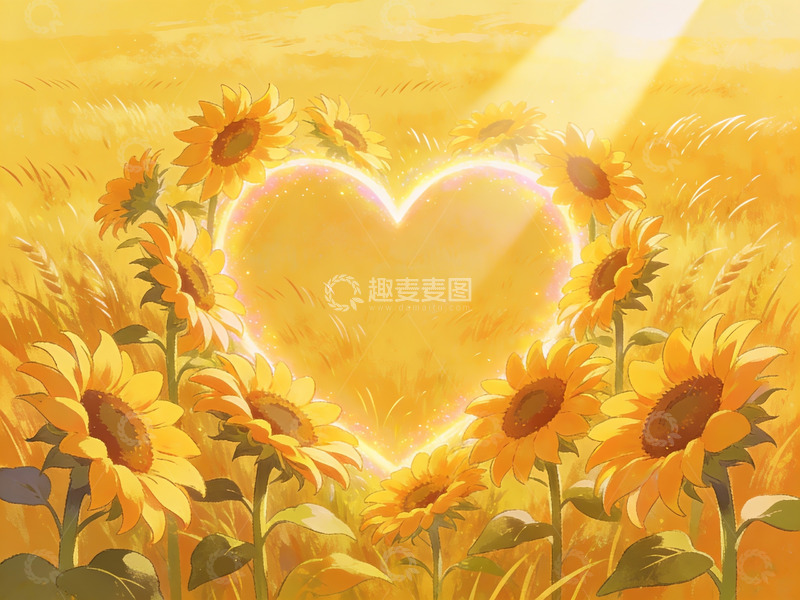 高清大图下载【趣麦麦图】向日葵花田中的心形光晕