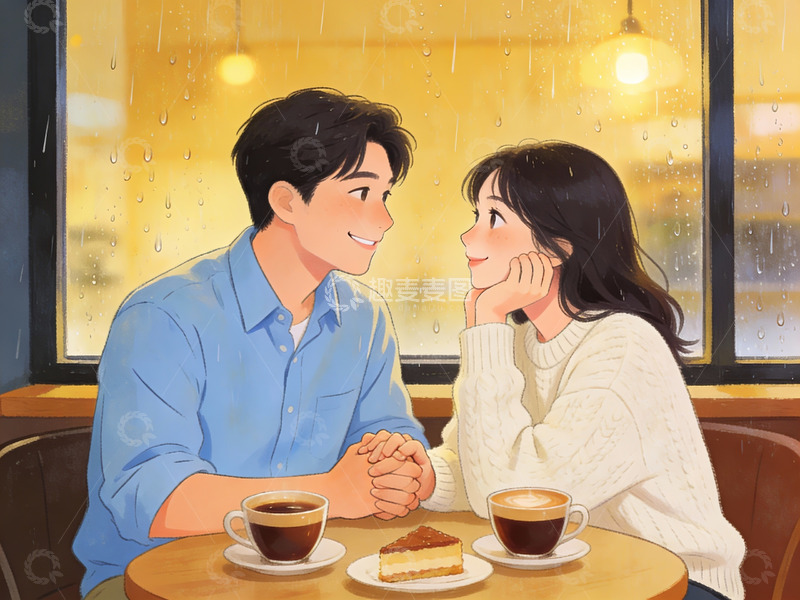 高清大图下载【趣麦麦图】雨中咖啡馆情侣对坐