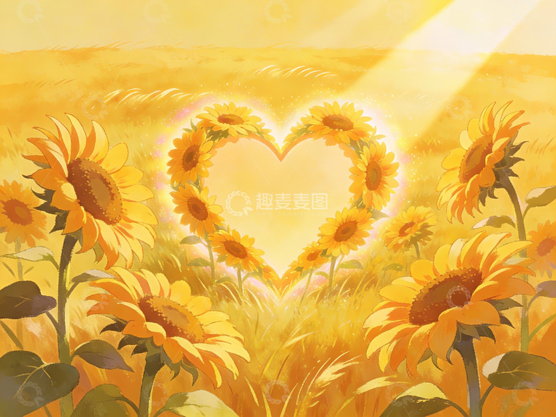 高清大图下载【趣麦麦图】向日葵花田中的心形光晕