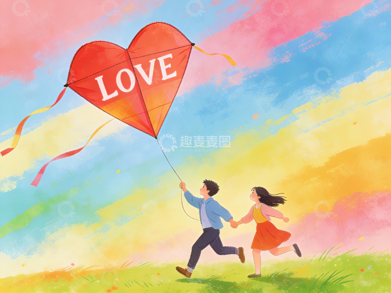 高清大图下载【趣麦麦图】情侣放飞爱心风筝