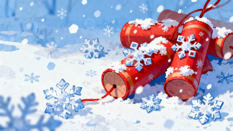 高清大图下载【趣麦麦图】雪中红色鞭炮与雪花
