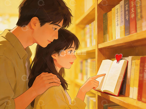 图书馆中情侣共读书籍