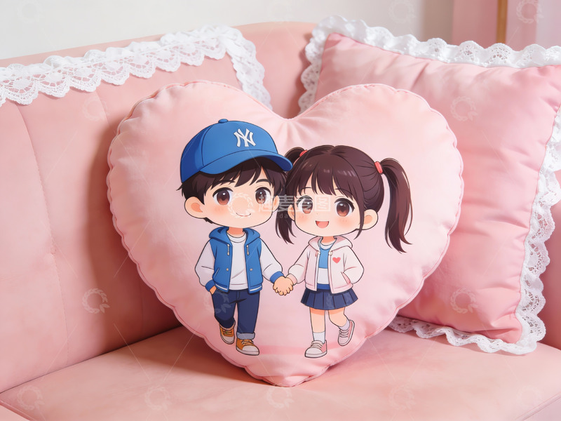 高清大图下载【趣麦麦图】心形抱枕上的卡通情侣