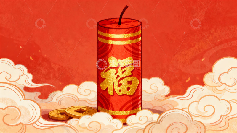 高清大图下载【趣麦麦图】红色鞭炮与金币象征新年福气
