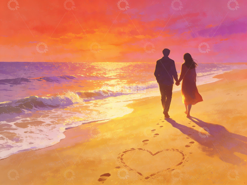 高清大图下载【趣麦麦图】情侣海边日落散步