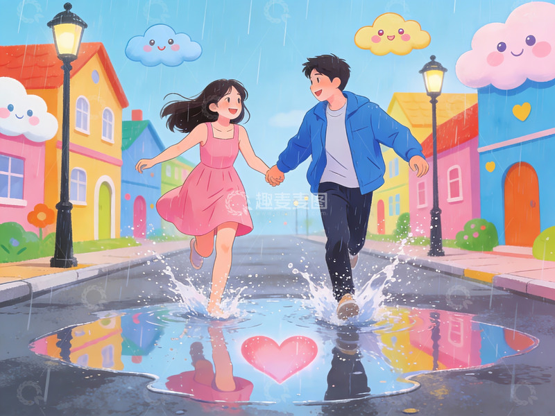 高清大图下载【趣麦麦图】雨中牵手奔跑的情侣