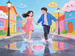 雨中牵手奔跑的情侣
