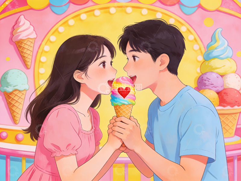 高清大图下载【趣麦麦图】情侣共享彩虹冰淇淋