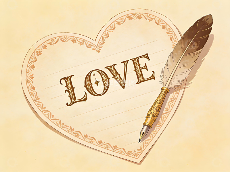 高清大图下载【趣麦麦图】心形纸张上的爱字与羽毛笔