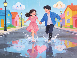 情侣雨中牵手跳水坑