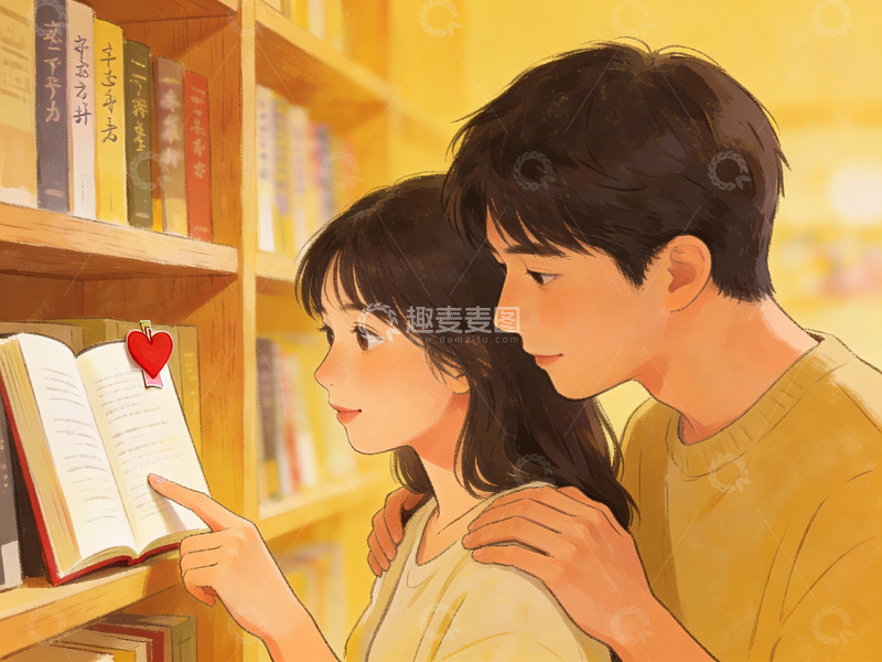 高清大图下载【趣麦麦图】情侣在书店共读书籍