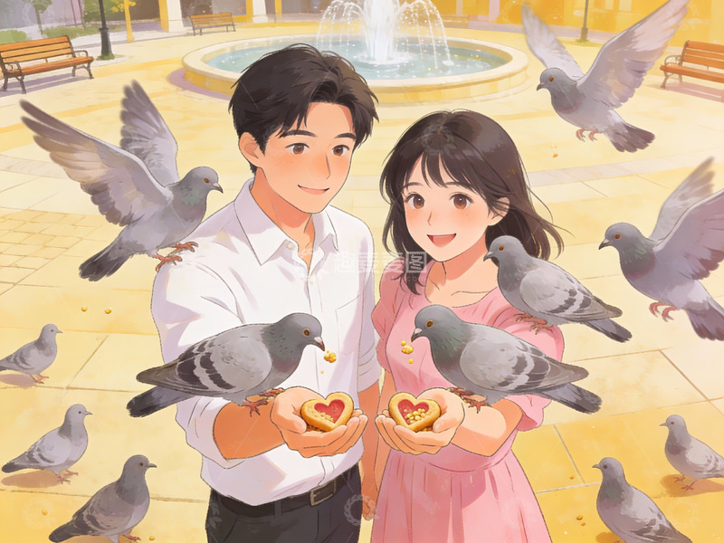 高清大图下载【趣麦麦图】情侣喂鸽子的公园场景
