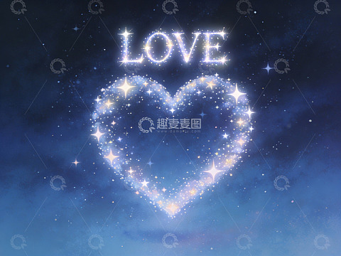星空中的发光爱心与爱字