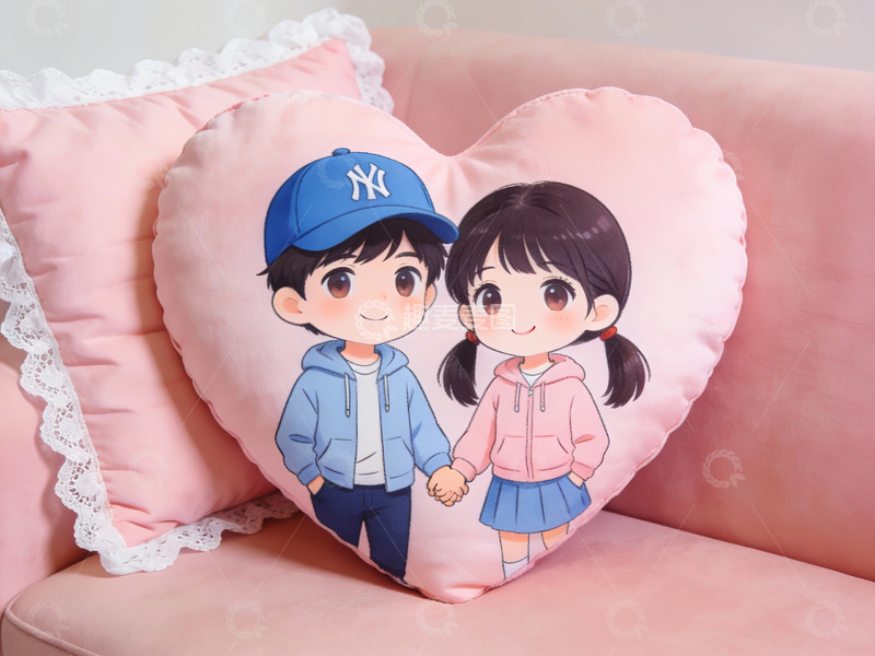 高清大图下载【趣麦麦图】心形抱枕上的卡通情侣
