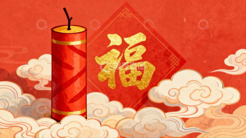 高清大图下载【趣麦麦图】红色鞭炮配福字云朵图案