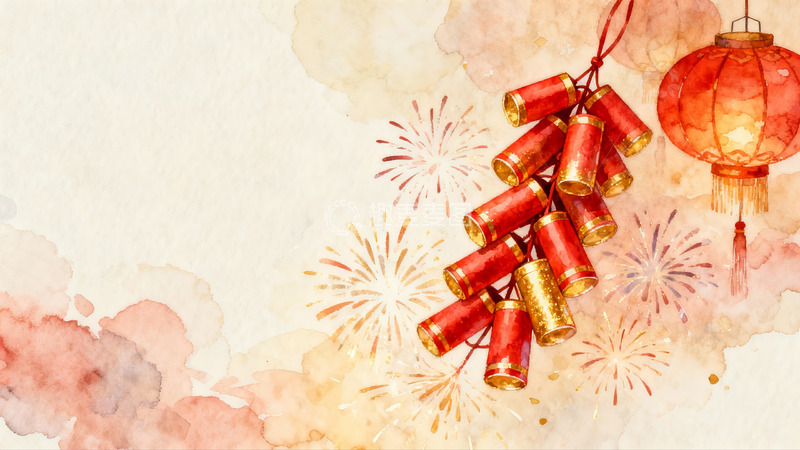 高清大图下载【趣麦麦图】新年烟花灯笼水彩画