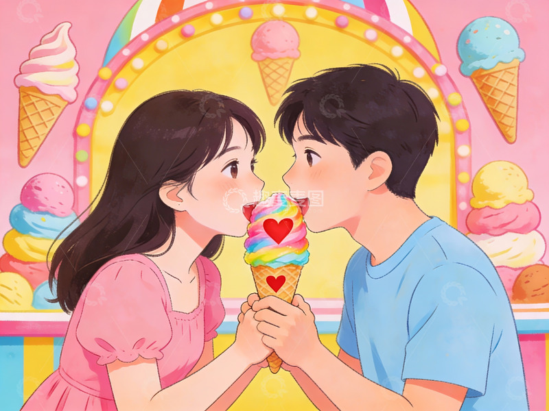 高清大图下载【趣麦麦图】情侣共享彩虹冰淇淋