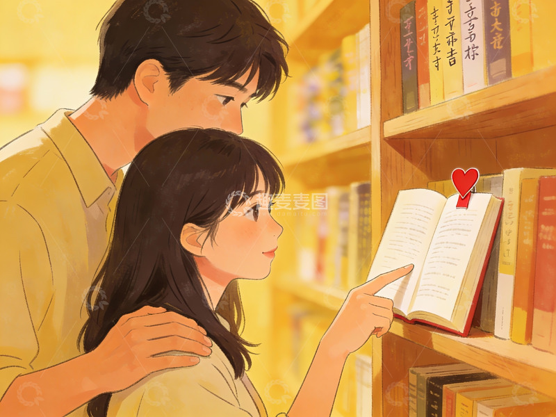 高清大图下载【趣麦麦图】图书馆中情侣共读图书