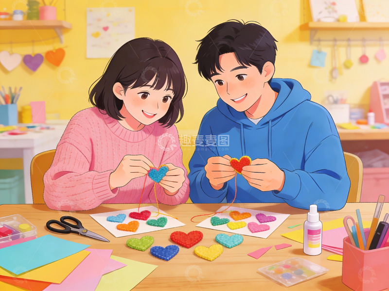 高清大图下载【趣麦麦图】情侣手工制作爱心装饰