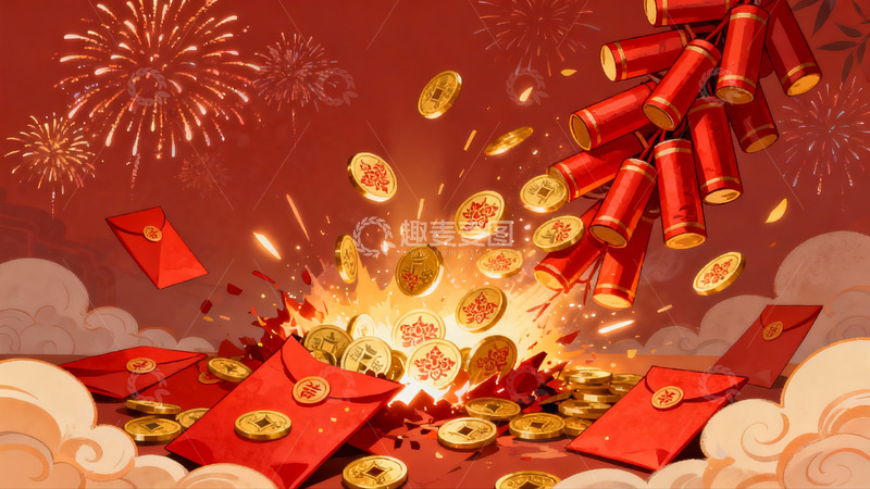 高清大图下载【趣麦麦图】春节烟花红包金币齐飞