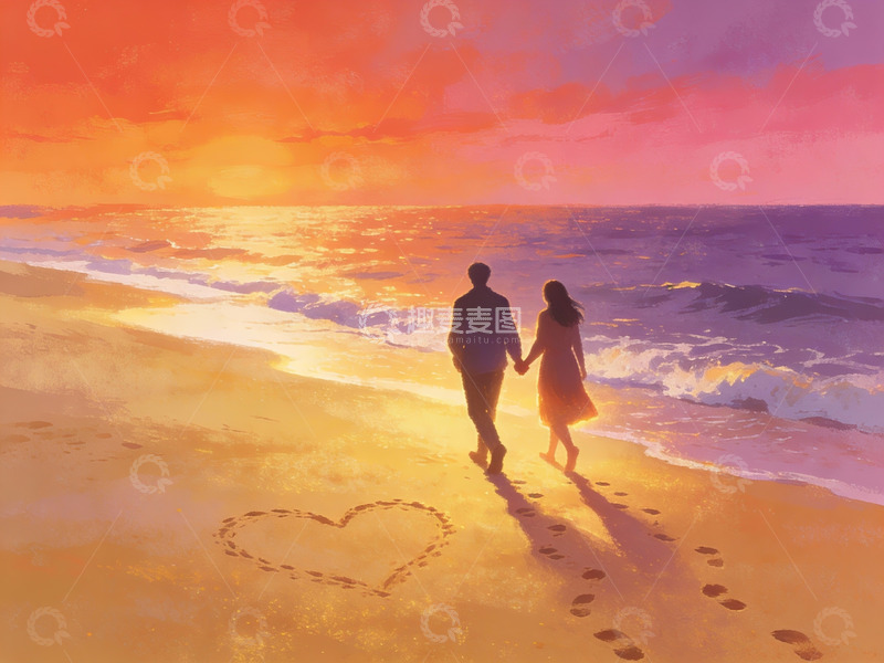高清大图下载【趣麦麦图】情侣沙滩牵手夕阳