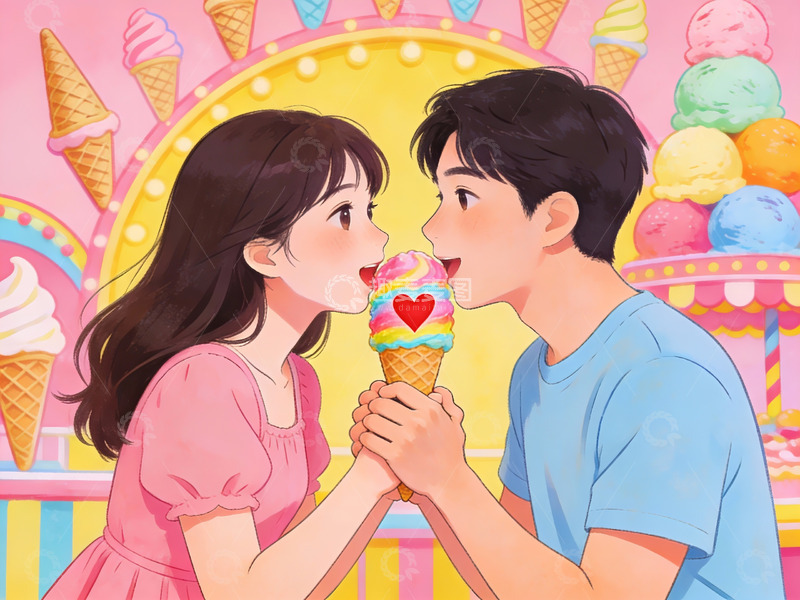 高清大图下载【趣麦麦图】情侣共享冰淇淋甜蜜瞬间