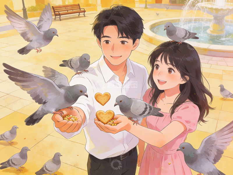 高清大图下载【趣麦麦图】情侣喂鸽子的温馨场景