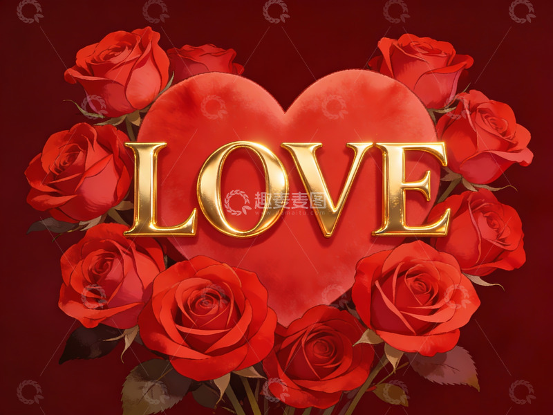 高清大图下载【趣麦麦图】红色玫瑰环绕金色爱字