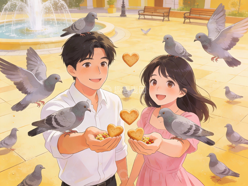 高清大图下载【趣麦麦图】情侣喂鸽子的温馨场景
