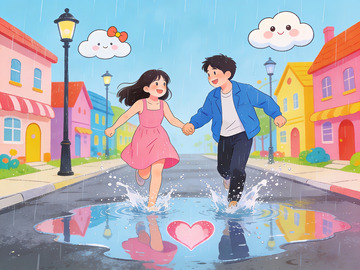 雨中情侣踩水花